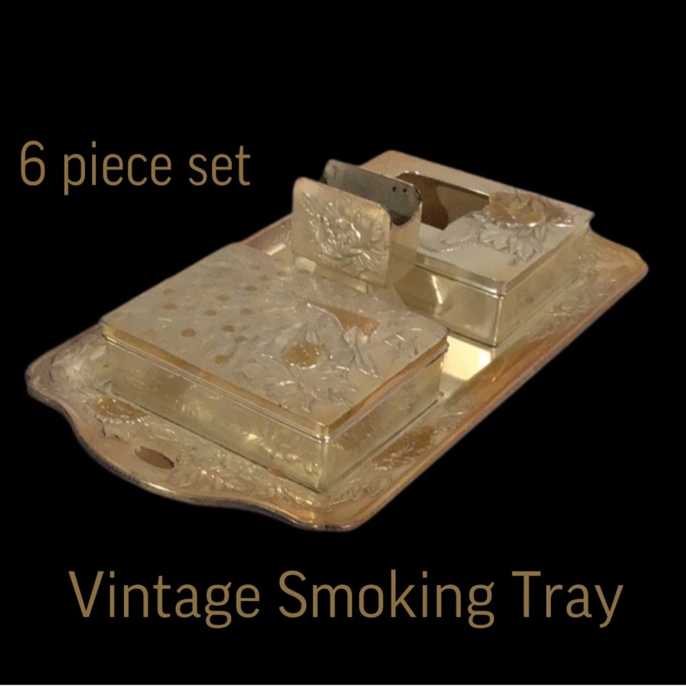 Vintage Japanese MidCentury 6 Piece Smoking Tray Set Peacocks Occupied Japan